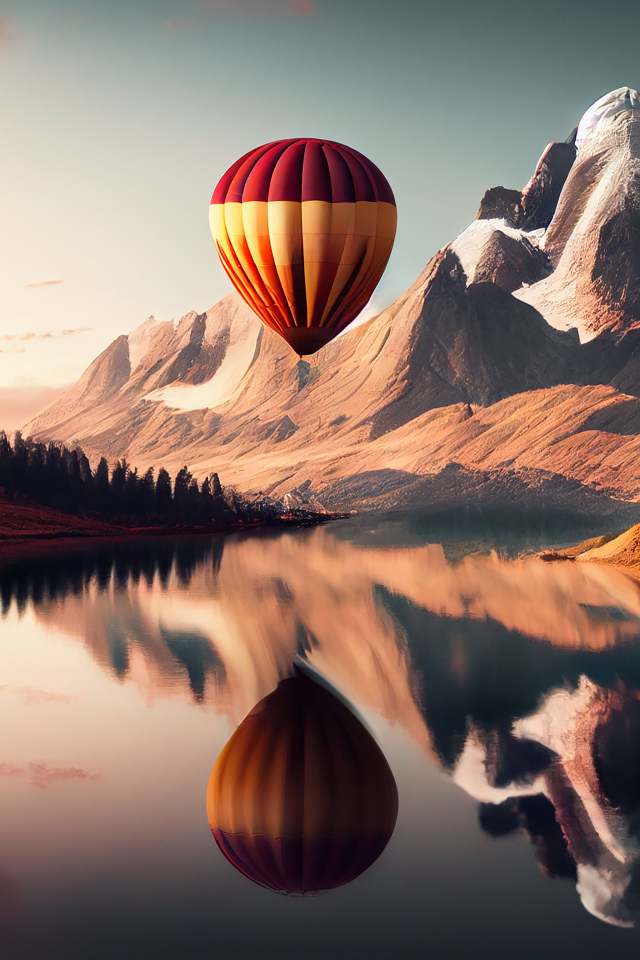 Большой воздушный шар над водой у гор 