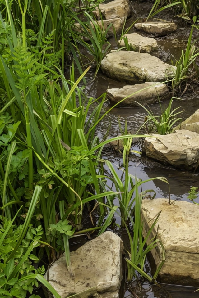 Большие камни в ручье в зеленой траве