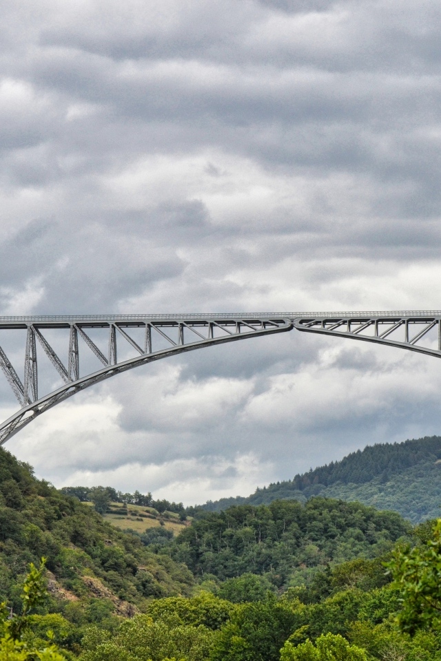 Вид на стальной виадук над покрытыми зеленью горами
