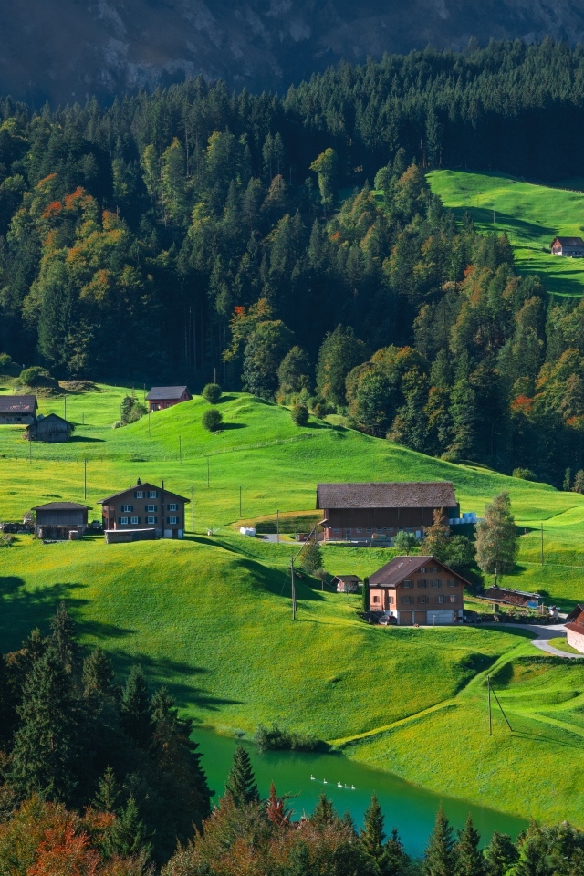 Зеленые холмы с домами в горах