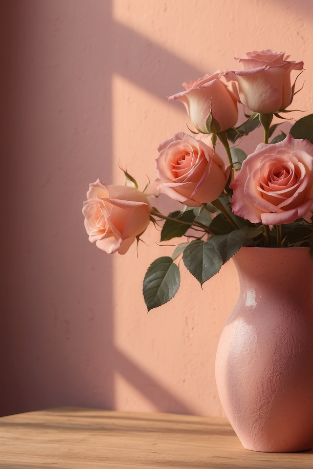 Букет нежных розовых роз в вазе у стены в лучах солнца
