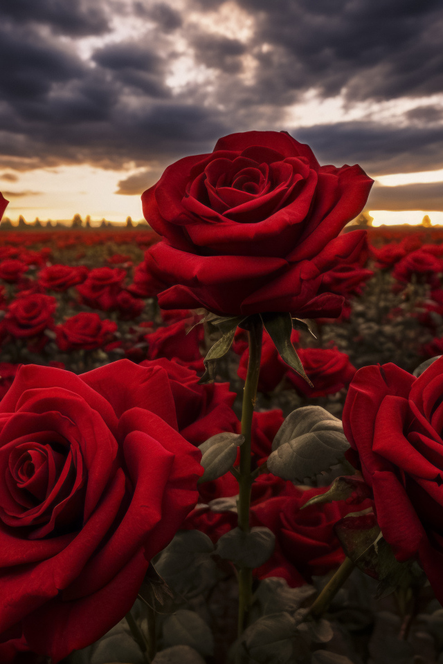 Красивые бордовые розы на поле под грозовым небом