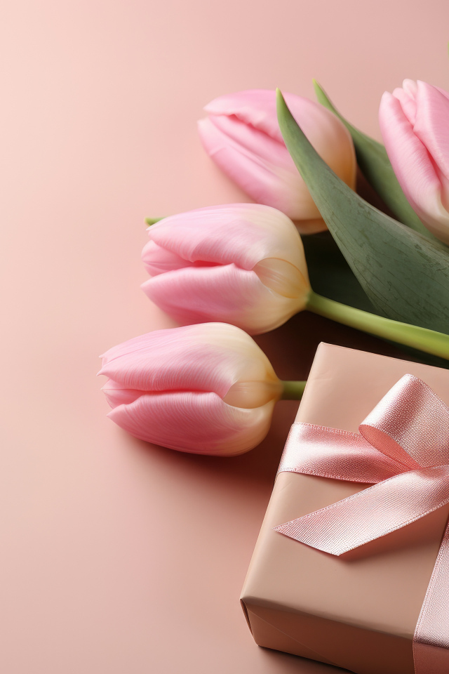 Красивые тюльпаны с подарком на розовом фоне