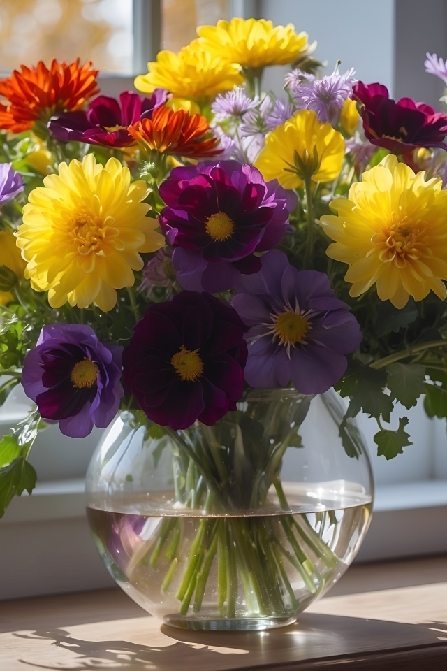 Букет разноцветных цветов в вазе на окне