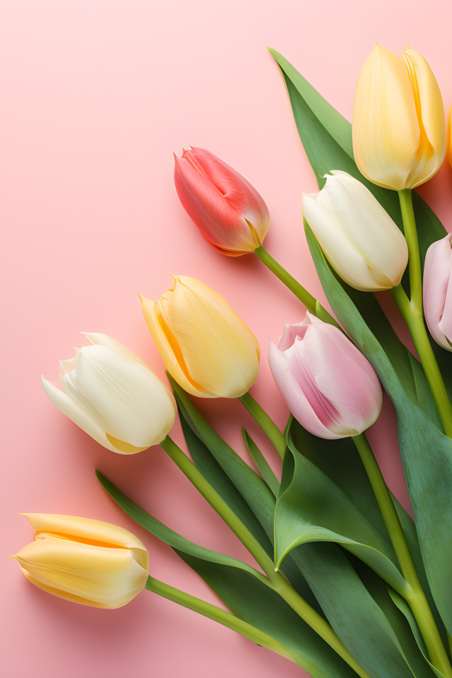 Букет нежных свежих тюльпанов на розовом фоне
