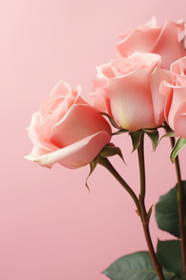 Букет нежных розовых  роз на розовом фоне