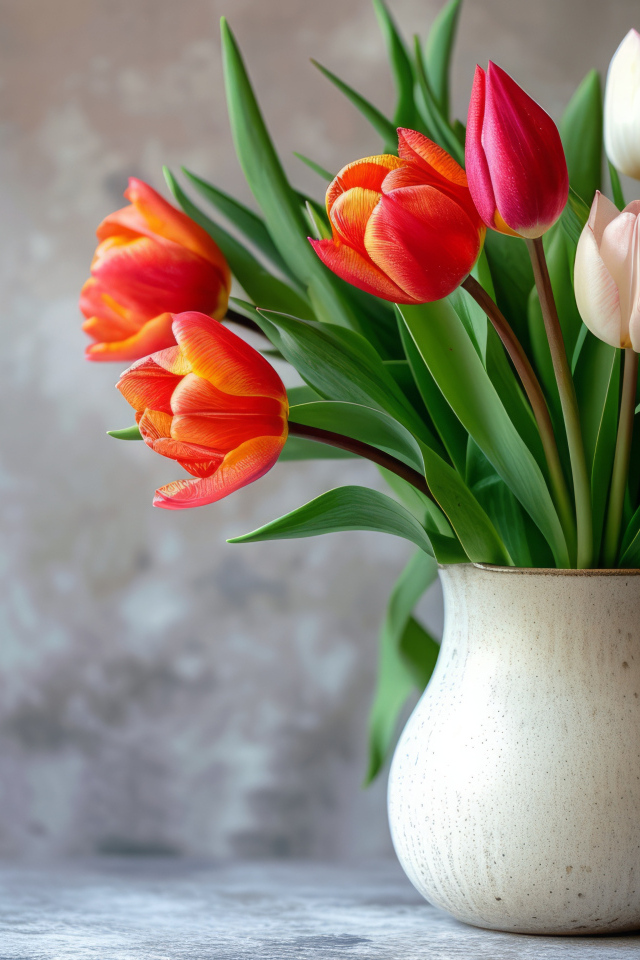 Букет разноцветных тюльпанов в вазе на фоне серой стены
