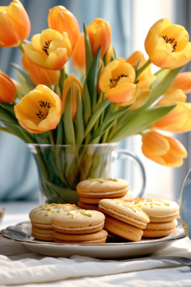 Букет оранжевых тюльпанов с печеньем на столе