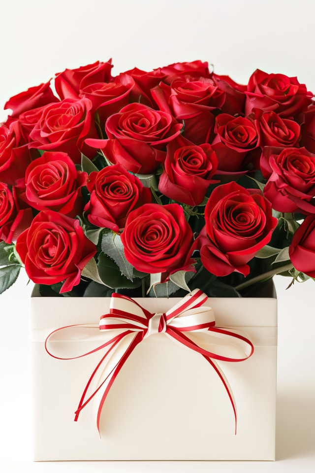 Букет красных роз в коробке на белом фоне