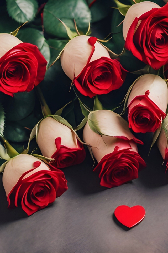 Букет красных роз с сердцем на сером столе