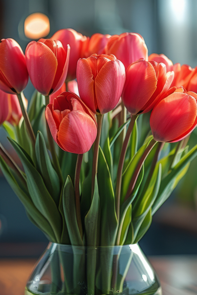 Букет красных тюльпанов в стеклянной прозрачной вазе на столе