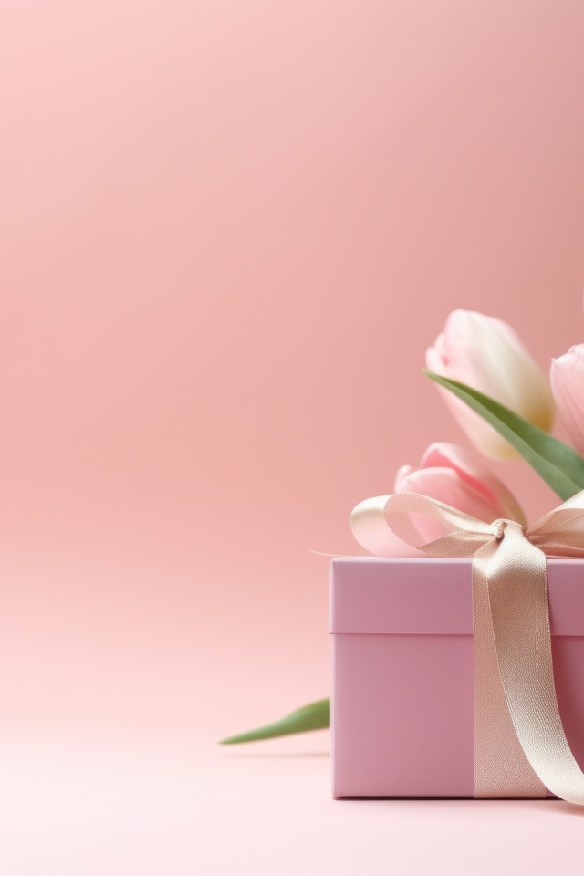 Букет тюльпанов и подарок на розовом фоне