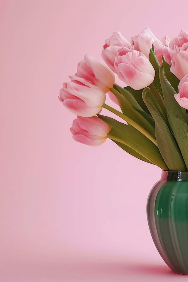 Букет тюльпанов зеленой вазе на розовом фоне