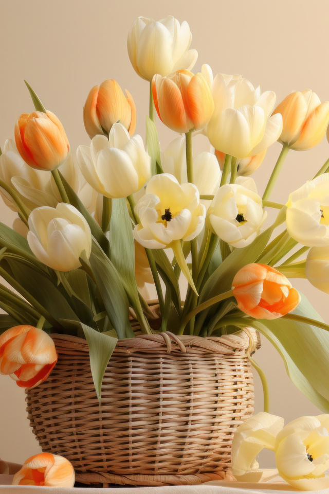 Букет белых и оранжевых тюльпанов в корзине