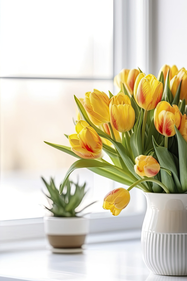 Букет желтых тюльпанов в вазе у окна
