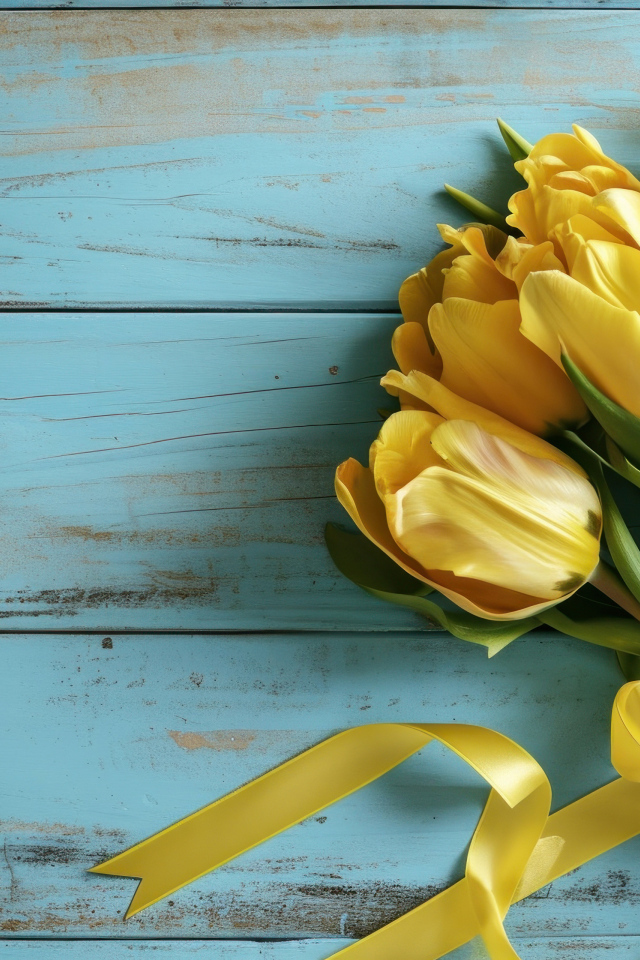 Букет желтых тюльпанов с лентой на голубом столе