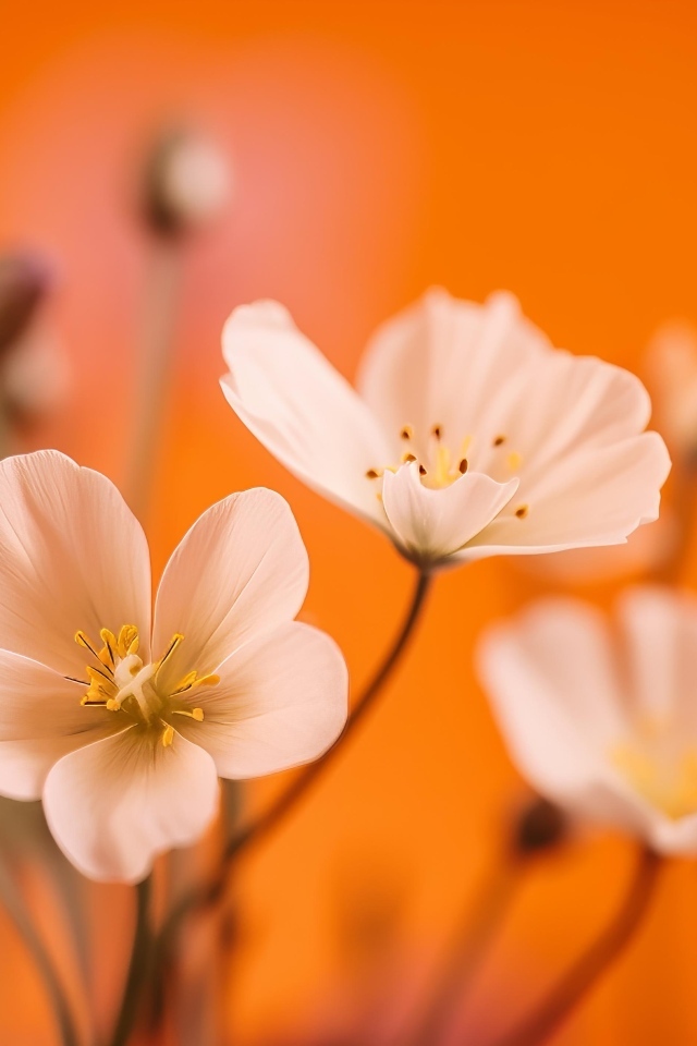 Нежные белые маленькие цветы на оранжевом фоне