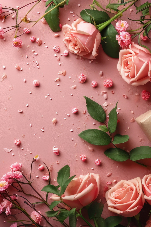 Подарок с розами на розовом фоне