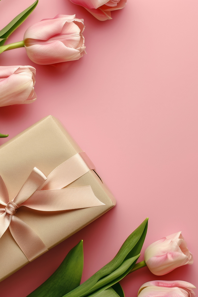 Подарок с тюльпанами для любимой на розовом фоне
