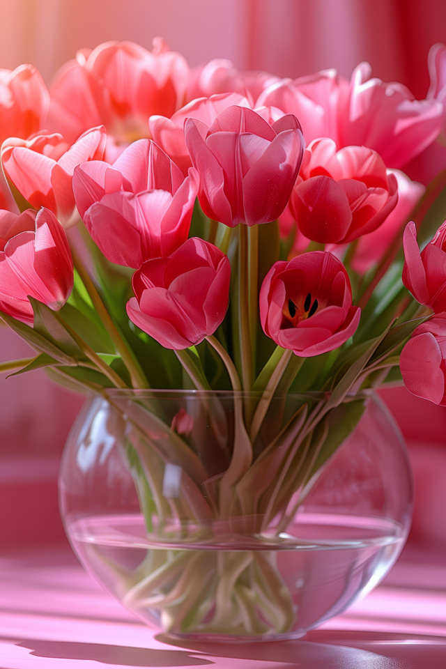 Большой букет розовых тюльпанов в стеклянной вазе