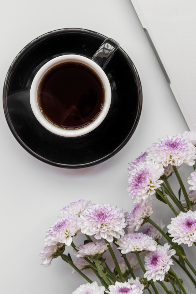 Розовые хризантемы с чашкой кофе и ноутбуком на столе