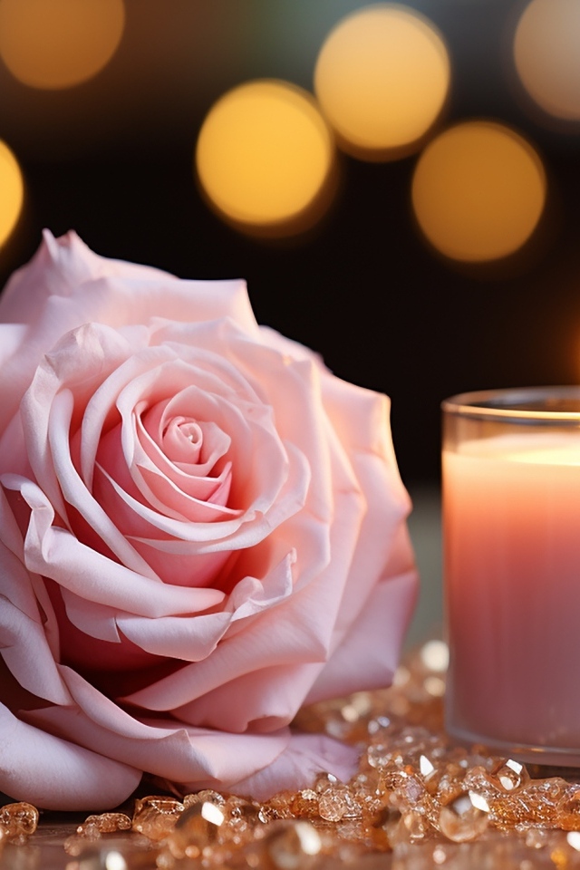 Розовая роза с зажженной свечой и камнями