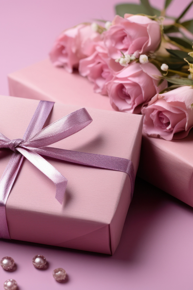 Розовые розы с подарками на столе