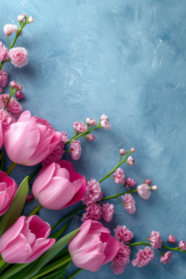 Розовые тюльпаны и гипсофила на сером столе