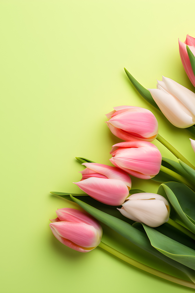 Розовые тюльпаны на зеленом фоне, шаблон 