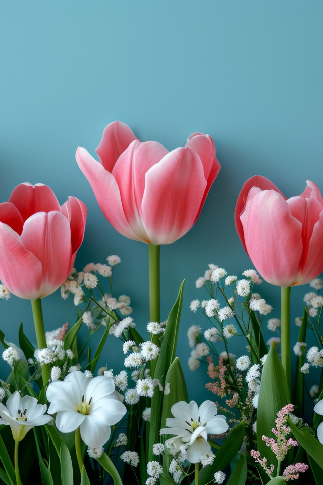 Розовые тюльпаны с белыми цветами на голубом столе