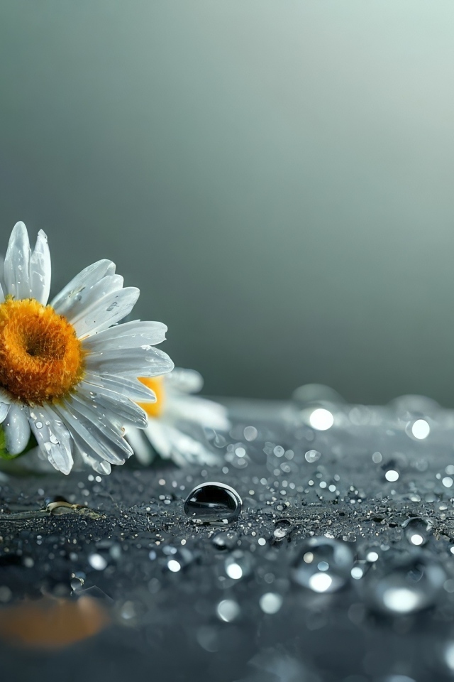 Несколько ромашек лежат на поверхности, покрытой каплями воды