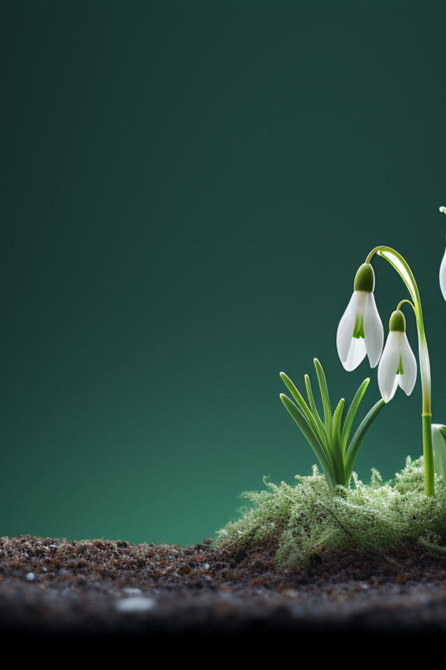 Маленькие белые подснежники на черной земле