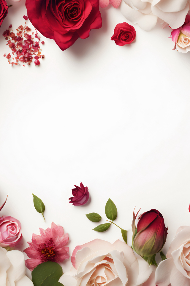 Белый фон с сорванными цветами розы