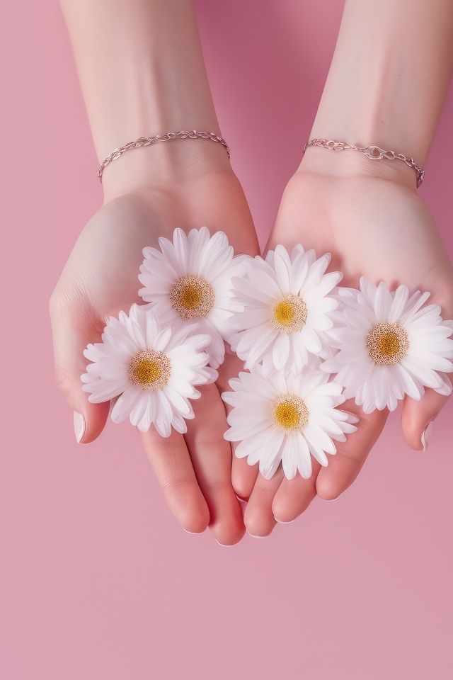 Белые цветы ромашки в ладонях на розовом фоне