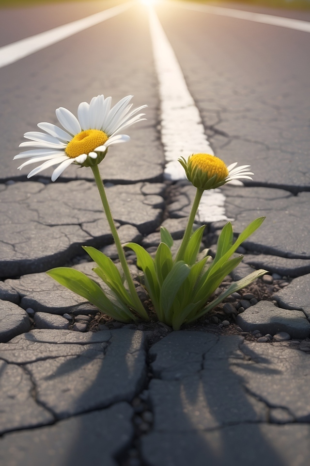 Белые цветы ромашки пробиваются на асфальте