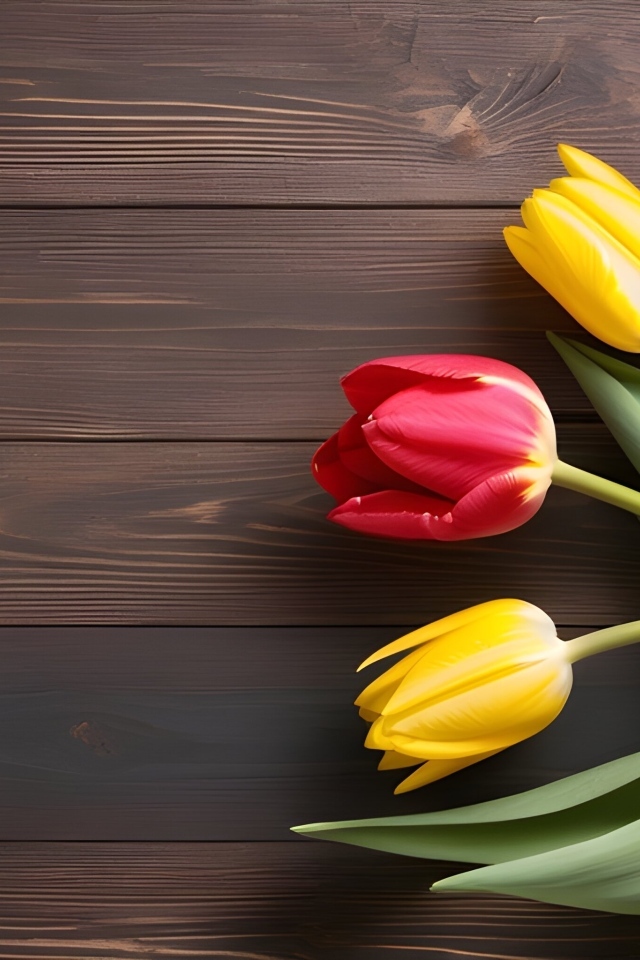 Желтые и розовые тюльпаны на деревянном столе