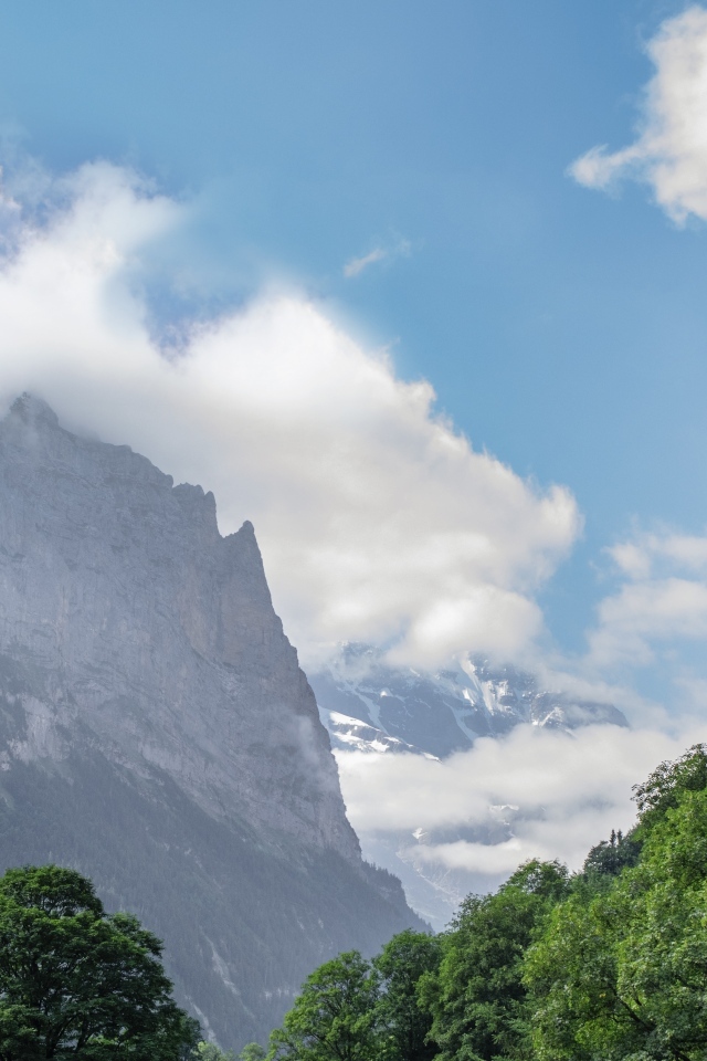 Высокие покрытые зеленью горы в белых облаках