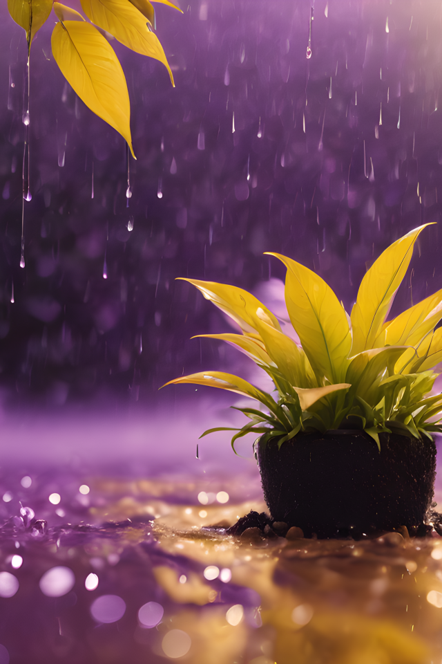 Зеленое растение стоит под дождем