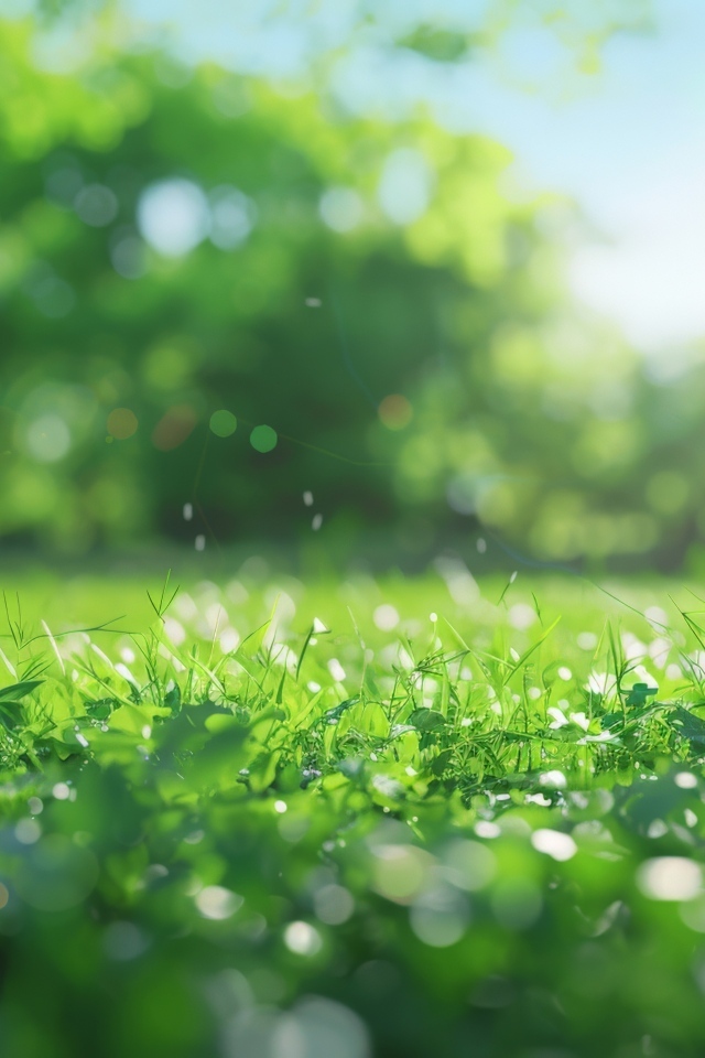 Зеленая молодая трава в лучах солнца летом