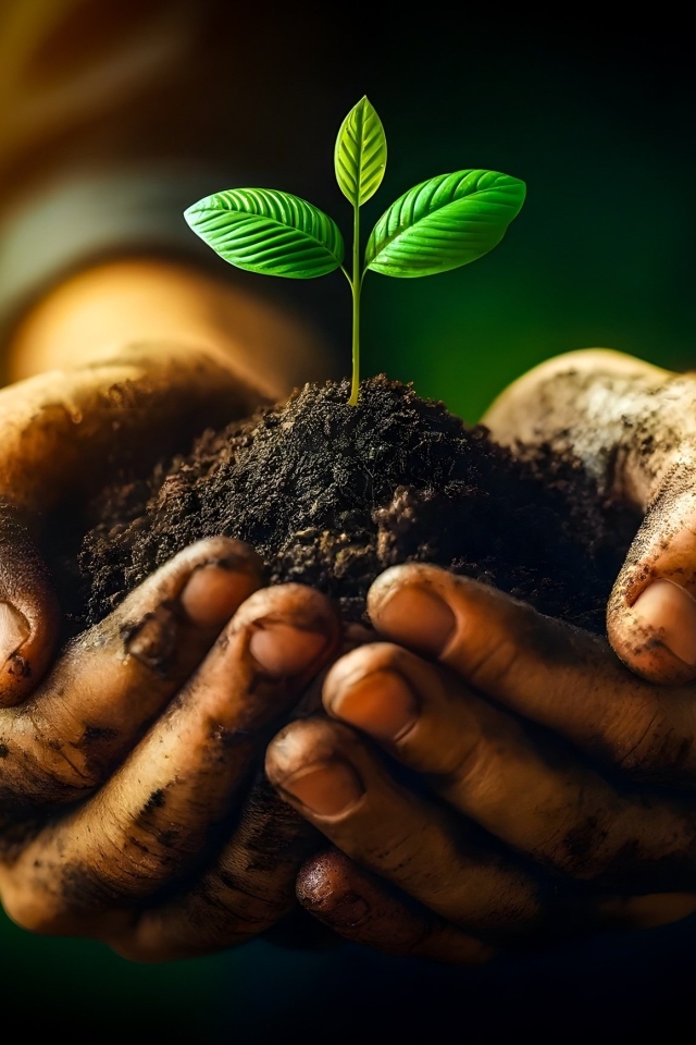Росток в земле в ладонях мужчины