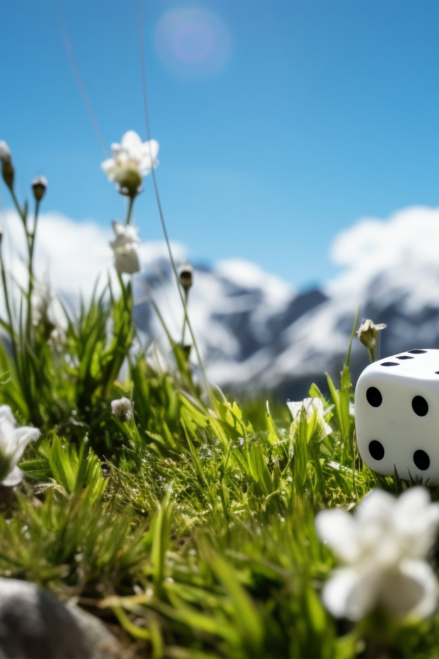 Кубик лежит на зеленой траве в горах