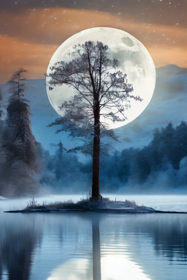 Большая белая луна за одиноким деревом у озера в горах
