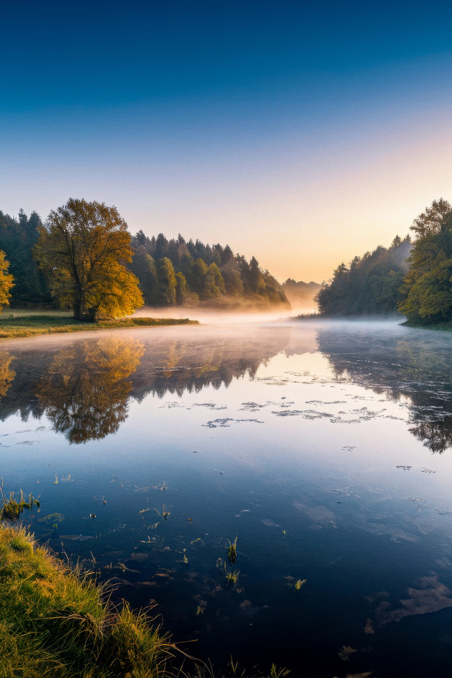 Туман над тихой рекой на рассвете 