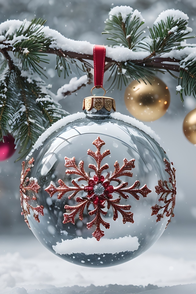 Красивый стеклянный шар со снежинкой на елке