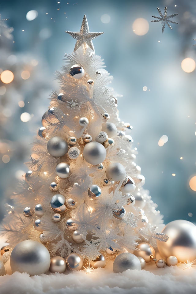 Красивая белая елка с шариками