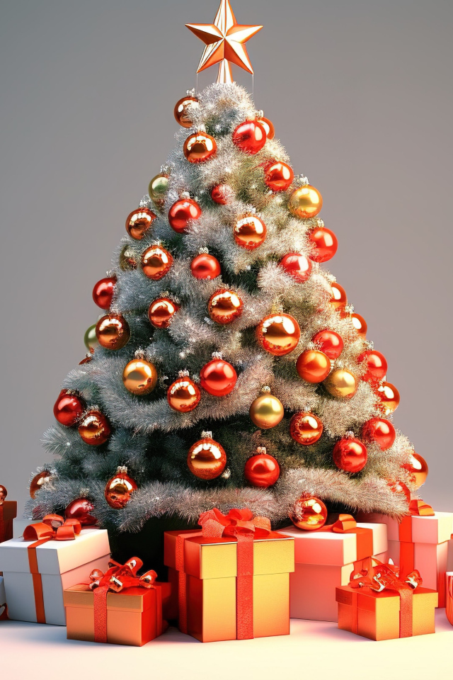 Новогодняя елка с подарками на сером фоне
