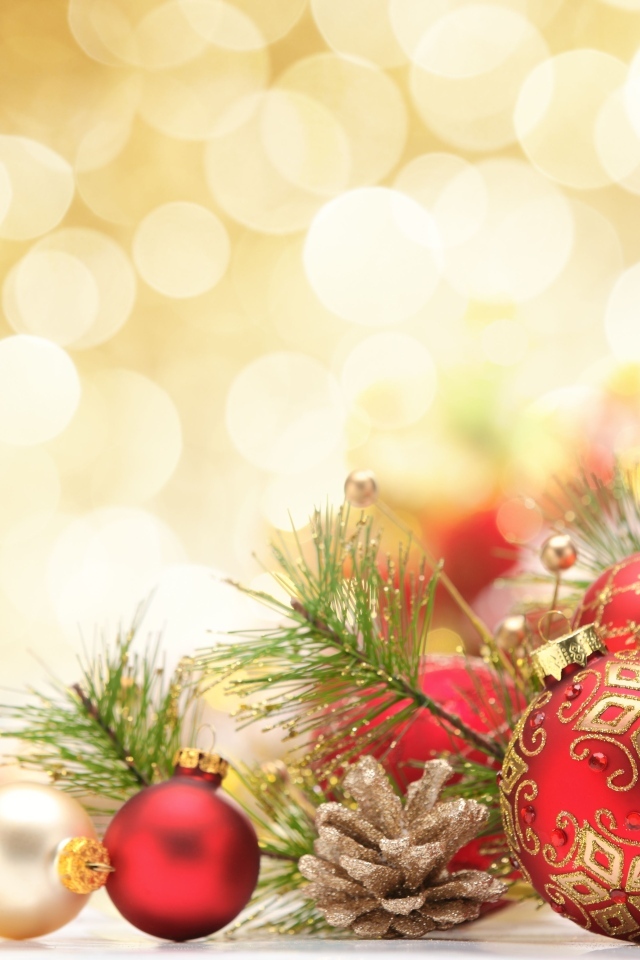 Красные шарики с еловыми ветками,  шаблон для открытки на Новый год