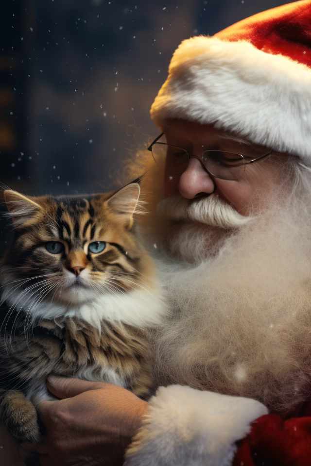 Дед мороз с красивым серым котом в руках