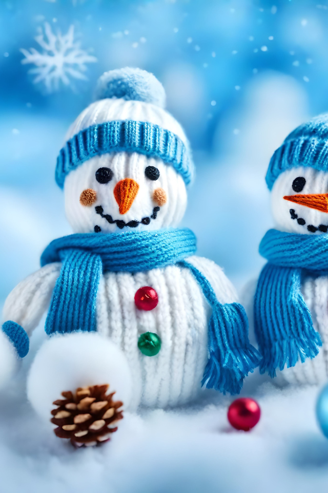 Два снеговика в шапках на снегу с шишками