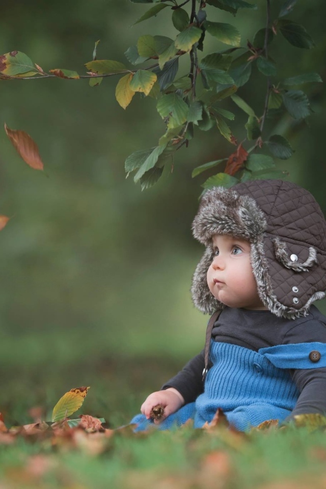 Карапуз в шапке сидит под деревом осенью